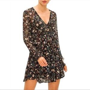 IRO Paris Floral Viscose Mini Dress Black Sheer Long Sleeve Ruffle Size 38 US 6